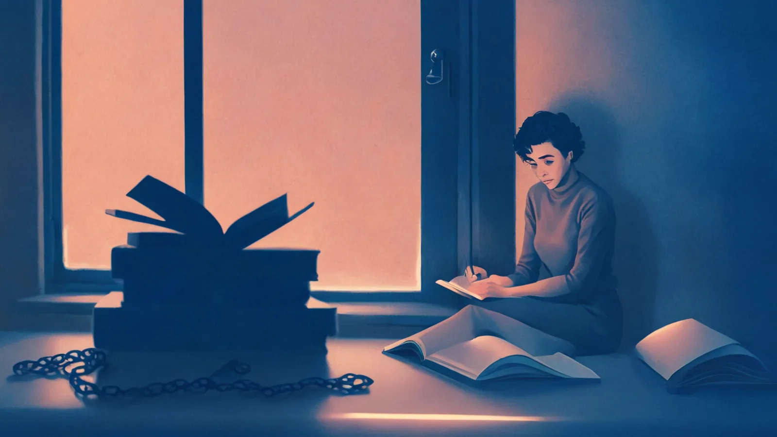 Стопка книг на подоконнике в тёплом свете — иллюстрация к статье про книги о созависимости